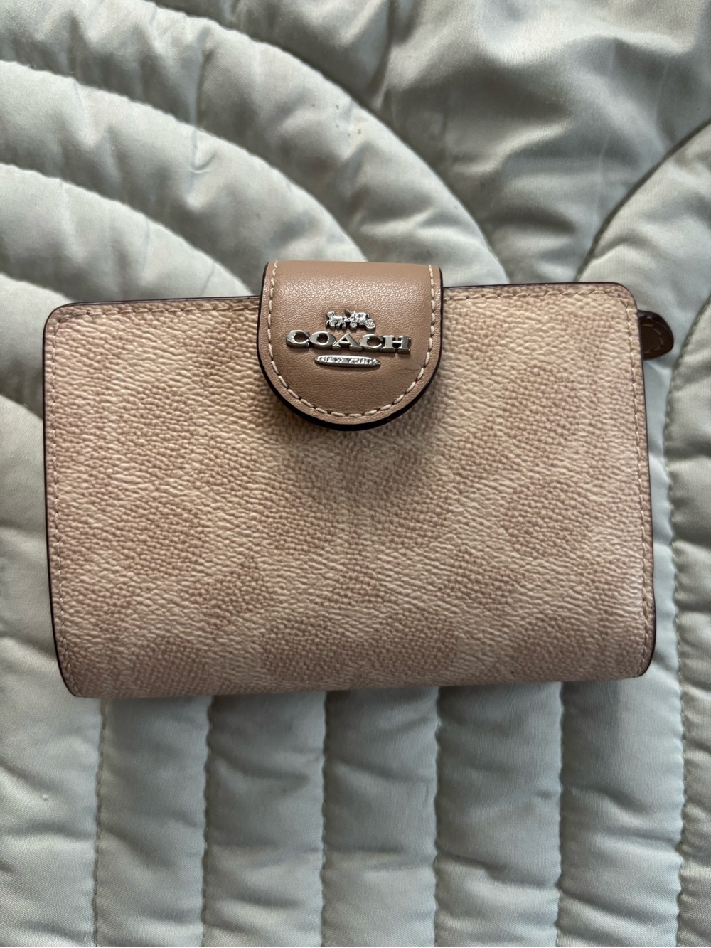 Coach Pebbled Leather Compact Wallet in Blush/Taupe